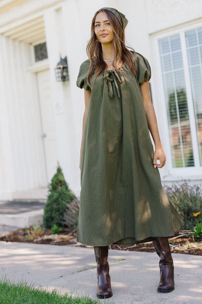 Brass & Roe Gingham Bow Dress in green gingham for women and teen girls.