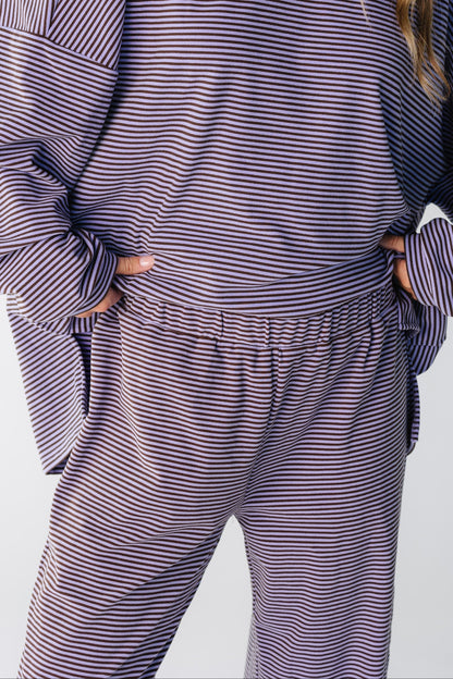 A close view of a lavender pant with medium rise