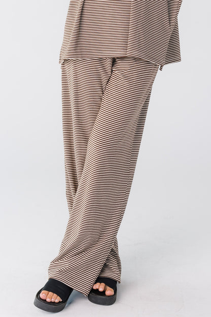 Modest women's brown stripe pant with wide leg and medium rise