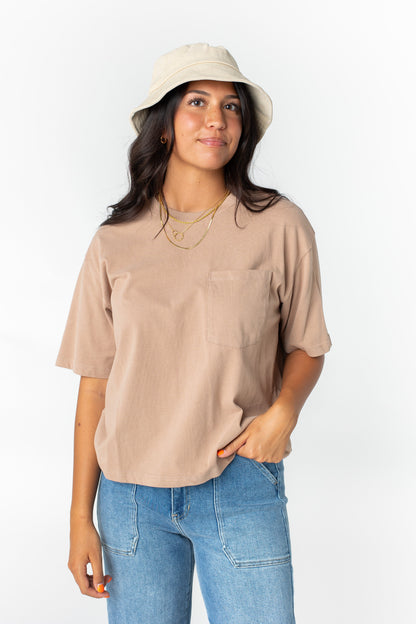 Relaxed Cotton Top w Pocket Mocha L WOMEN'S TOP Wishlist 