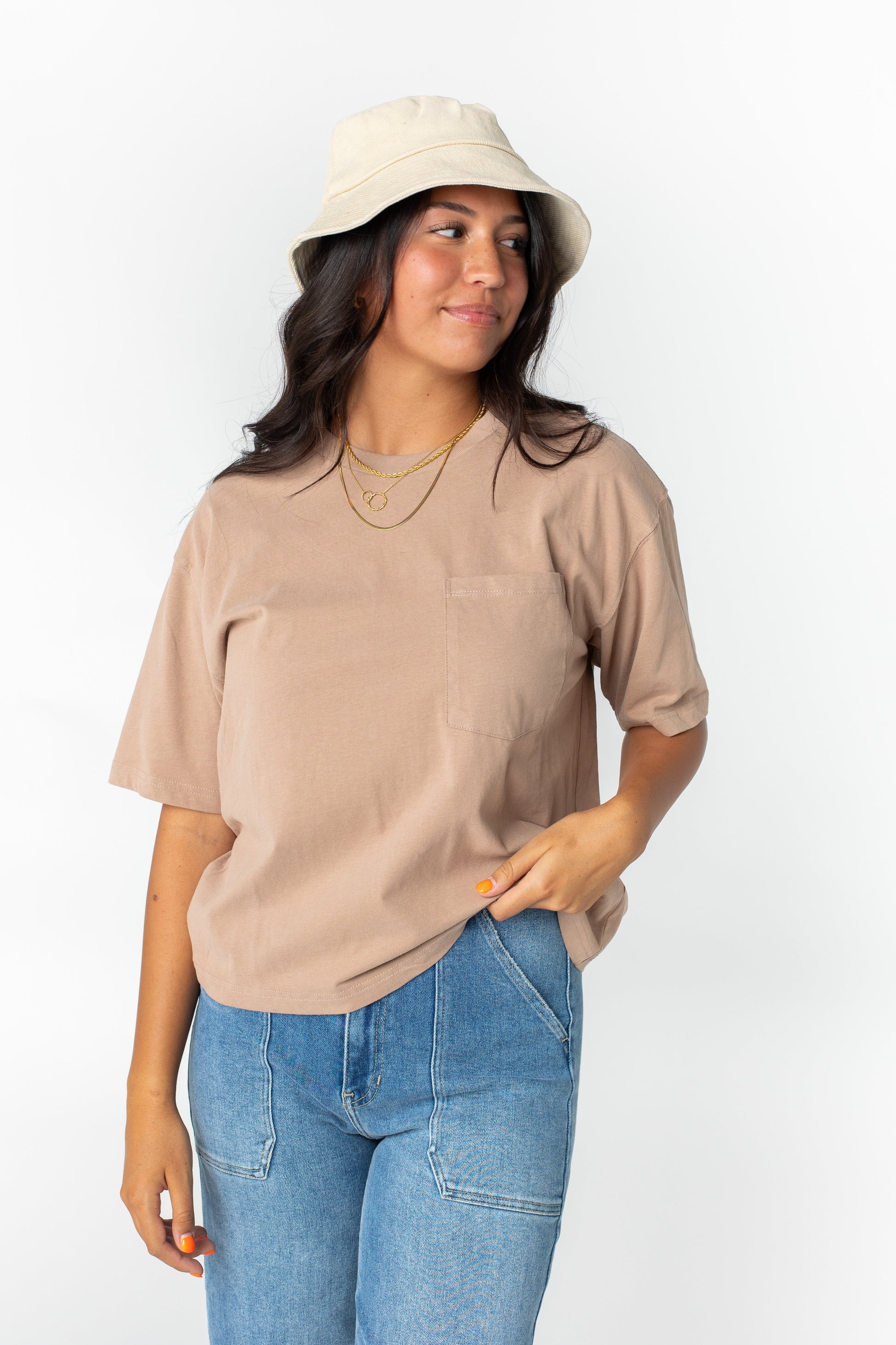 Relaxed Cotton Top w Pocket Mocha L WOMEN'S TOP Wishlist 