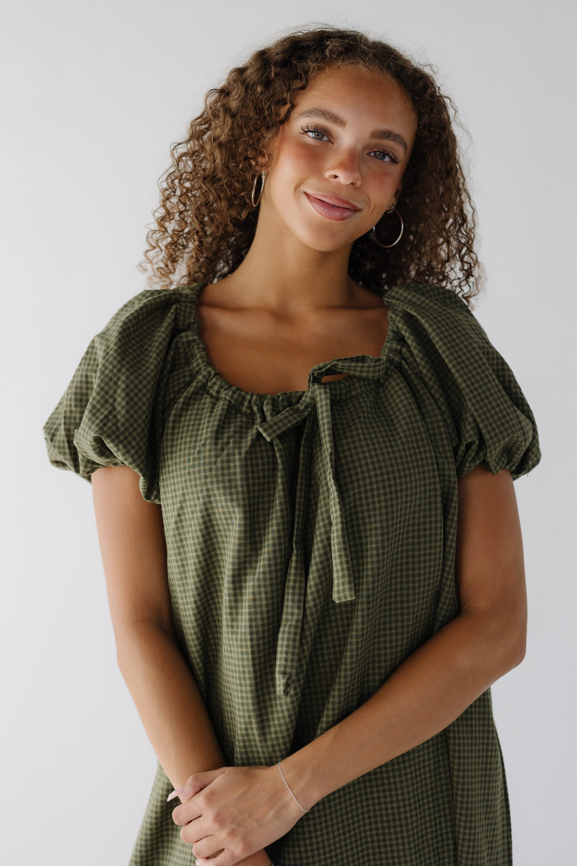 Brass & Roe Gingham Bow Dress WOMEN'S DRESS brass & roe Olive XS 