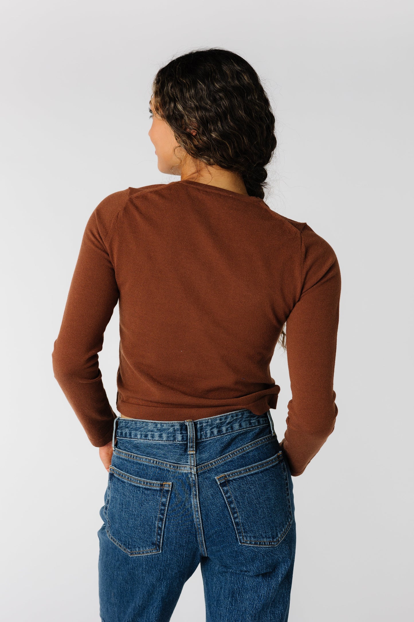 Back view of brown basic long sleeve cardigan