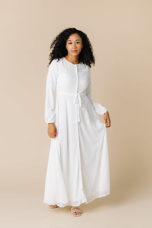 Modest maxi with high round neckline and long sleeves