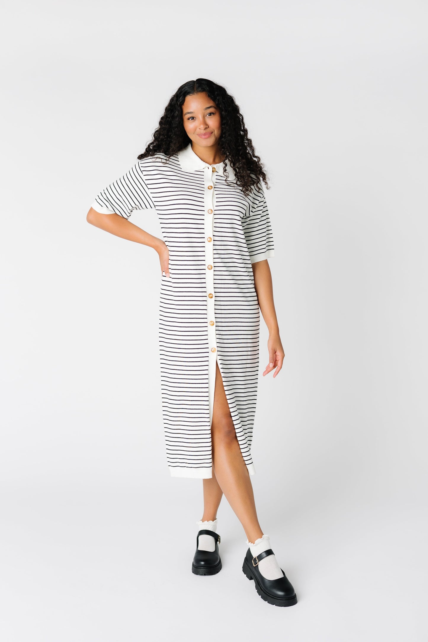 Button down stripe midi dress with front slit and white collar