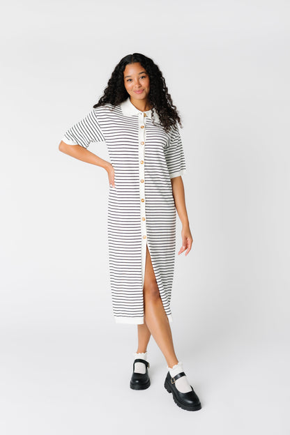 Button down stripe midi dress with front slit and white collar