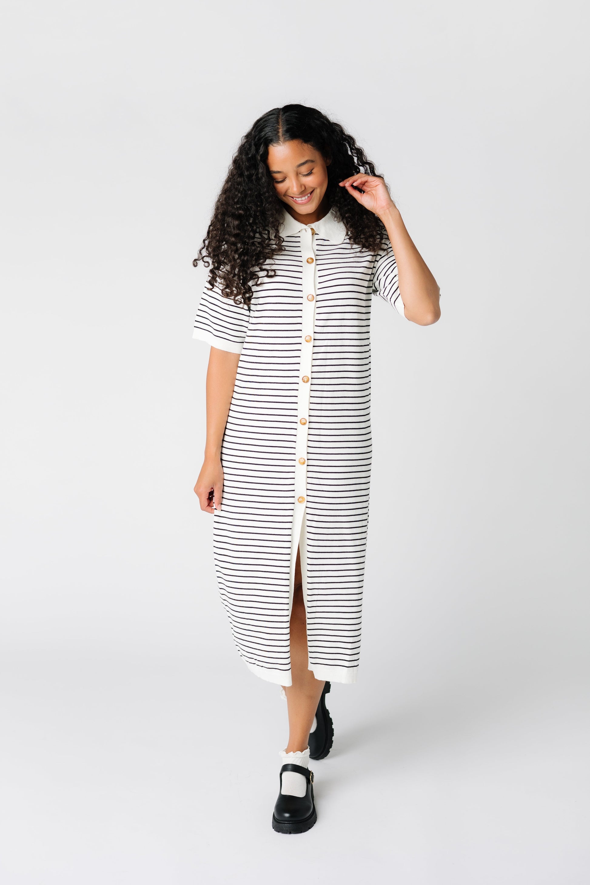 Soft knit button down midi dress with short sleeves