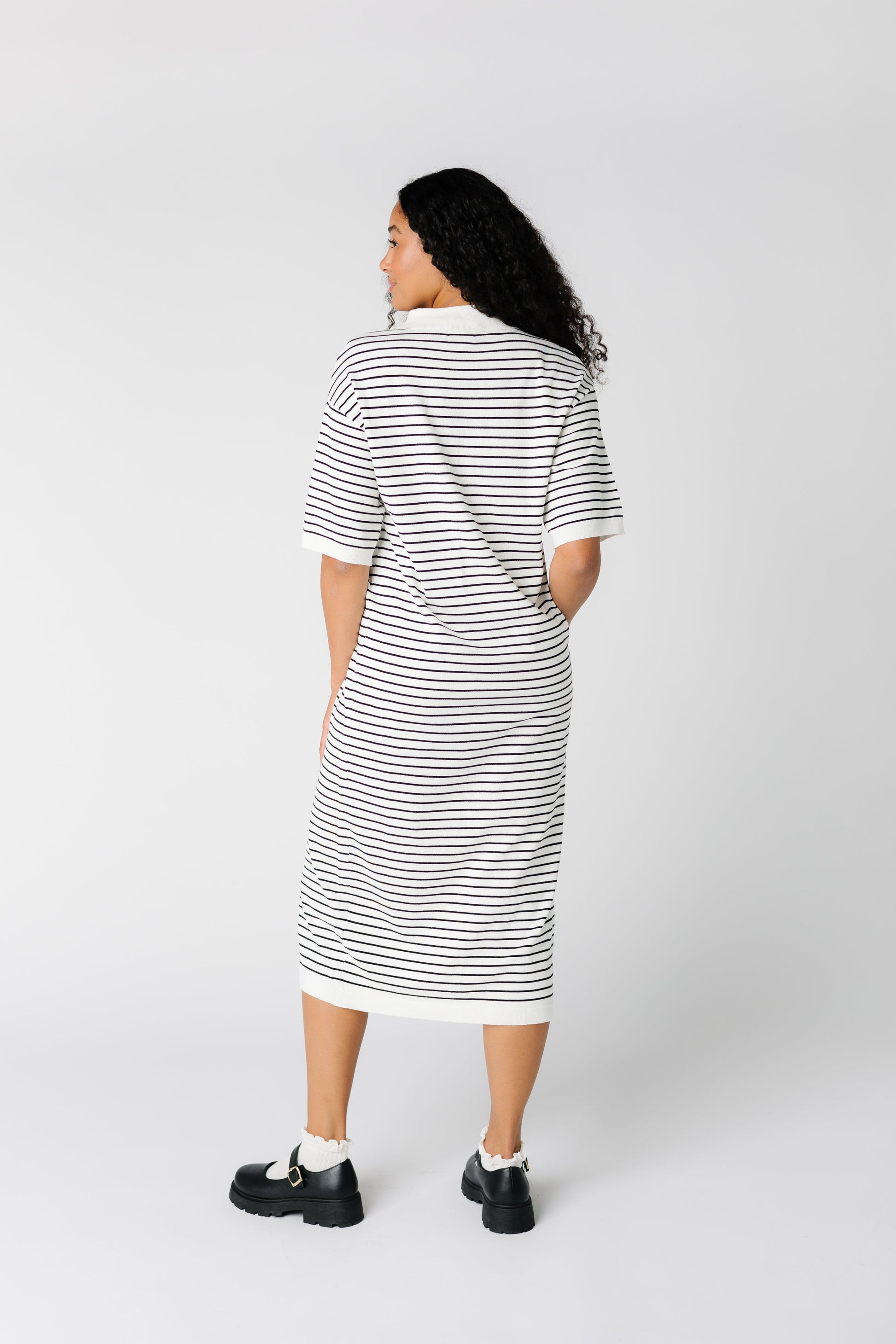 Back view of stripe short sleeve midi dress