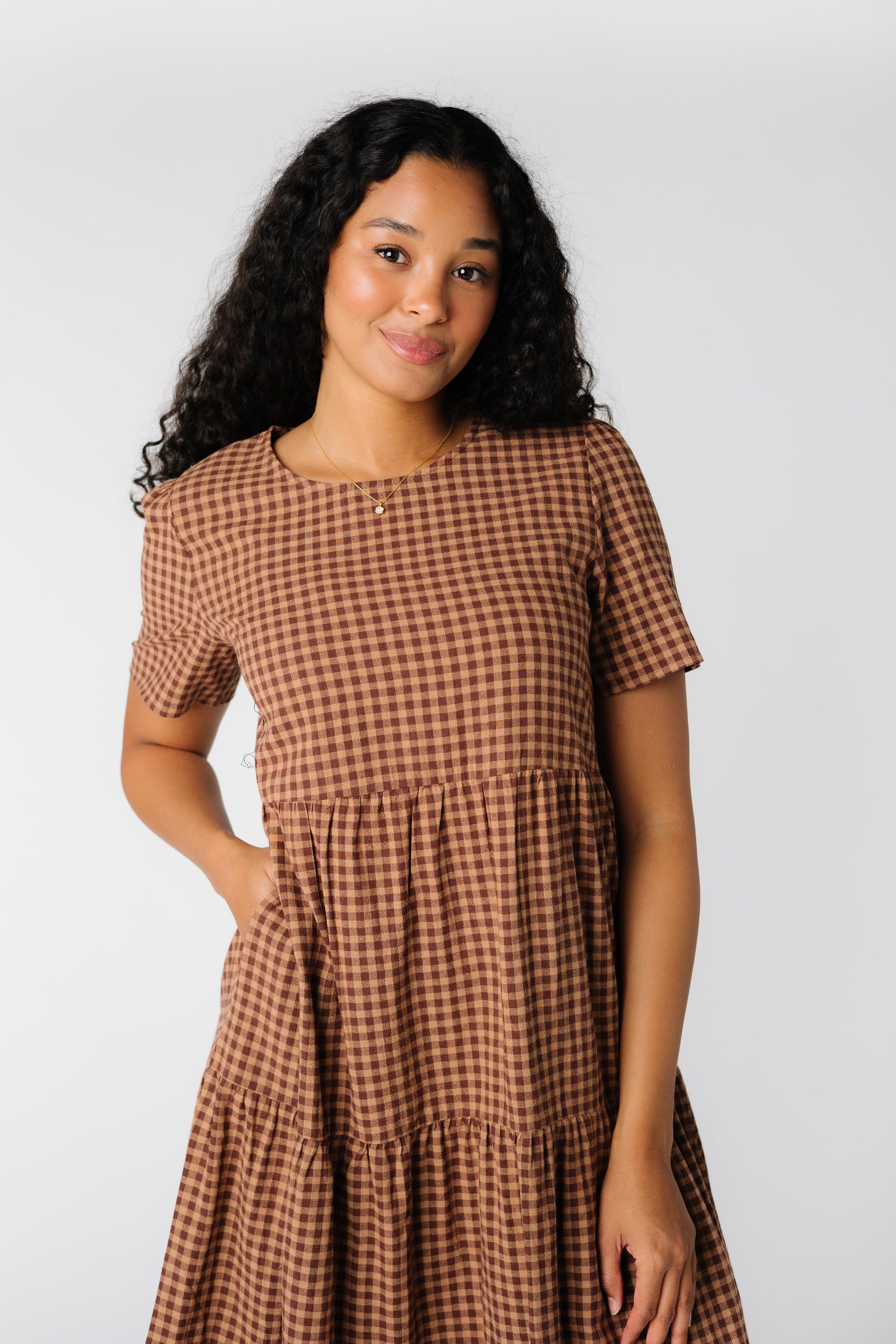 Close up view of brown gingham dress with round neckline, short sleeves and side pockets