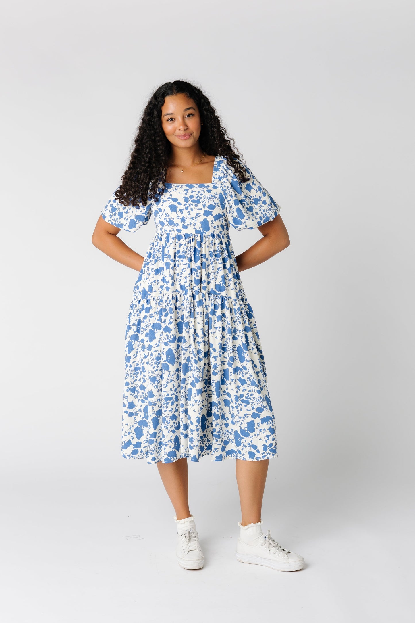 White floral print midi dress with square neckline and puff sleeves by Brass & Roe 