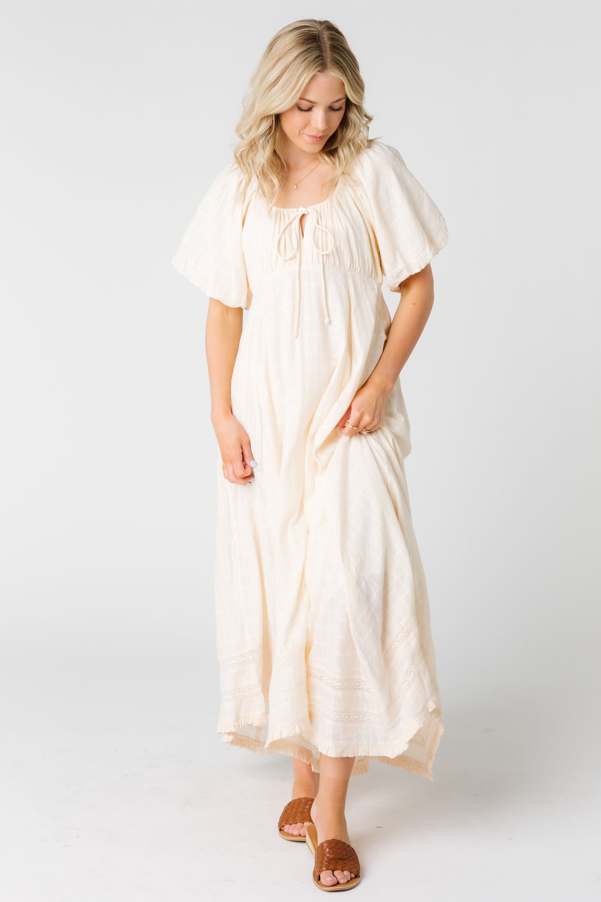 Modest cream maxi dress with scoop neckline and short sleeves