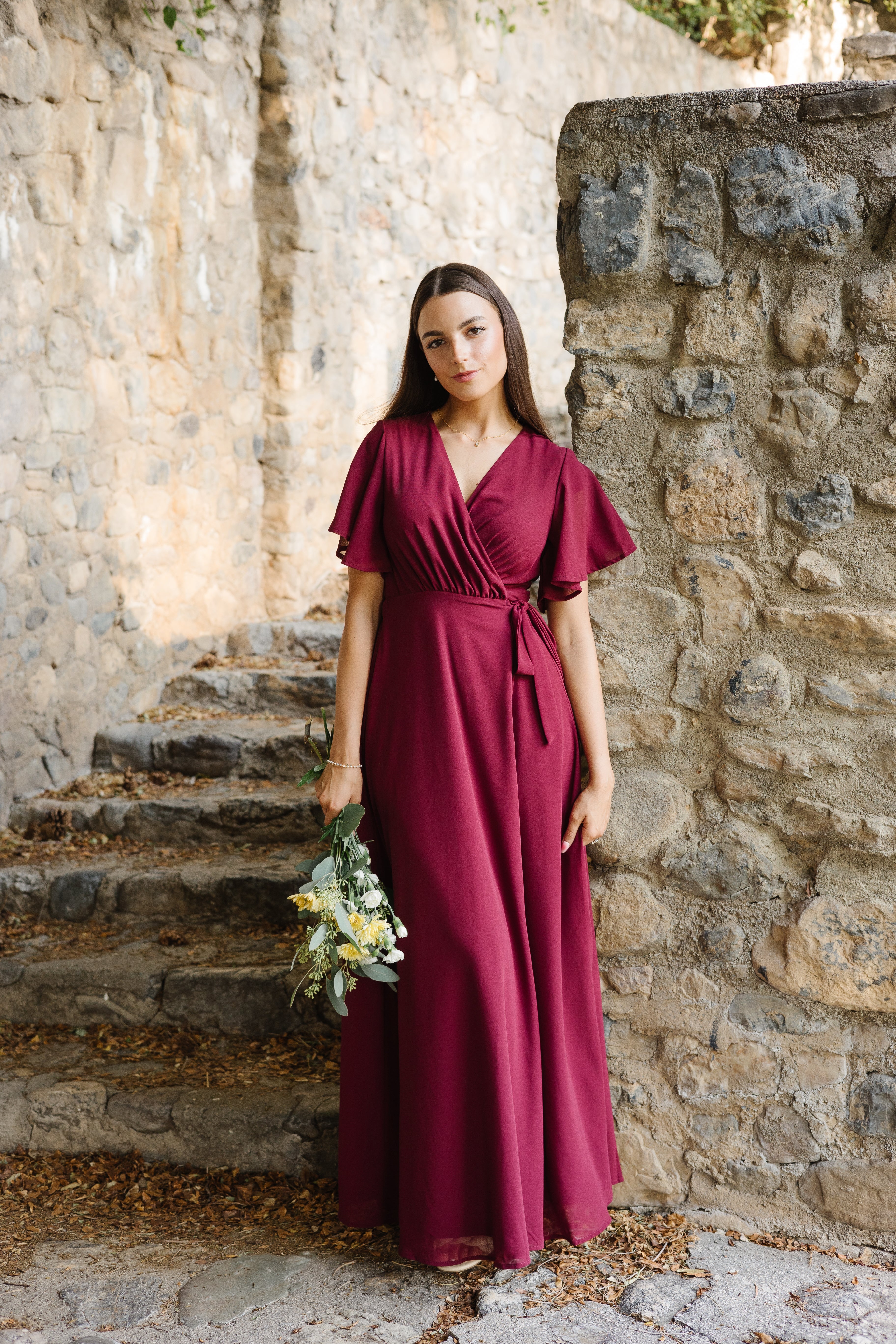 Naples Flutter Sleeve Wrap Maxi Burgundy Called to Surf