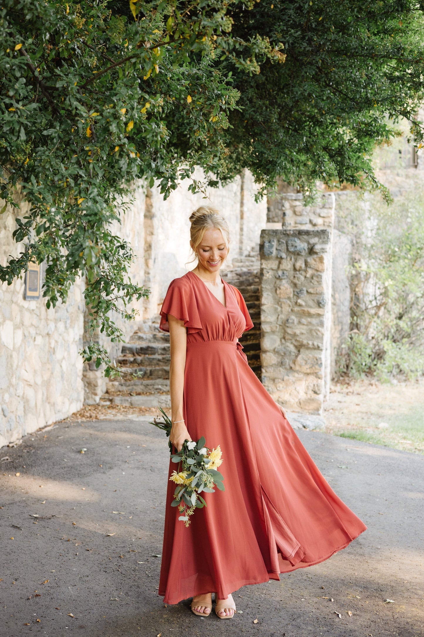 Naples Flutter Sleeve Wrap Maxi - Clay Red Bridesmaid Dress brass & roe 