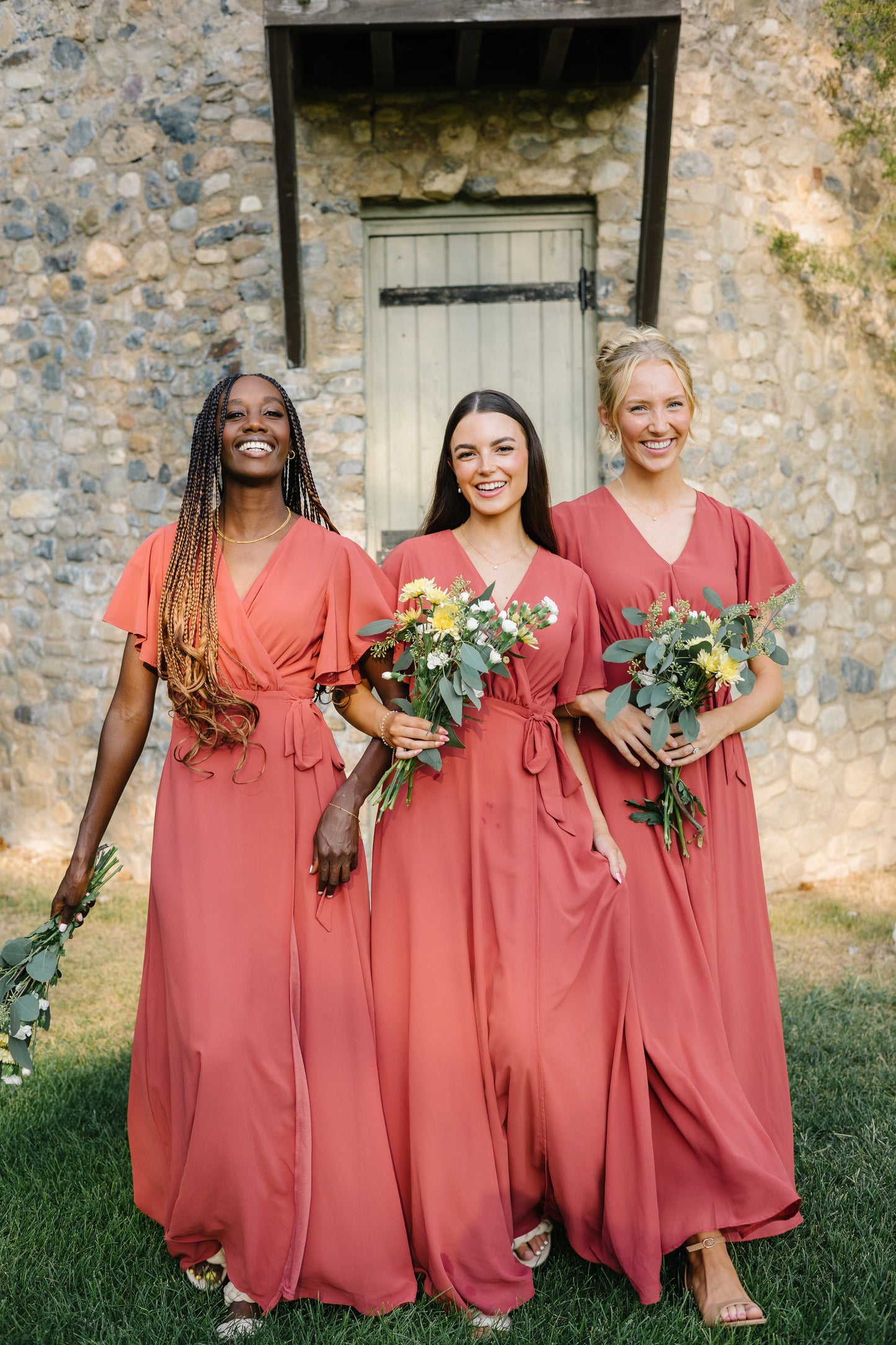 Naples Flutter Sleeve Wrap Maxi - Clay Red Bridesmaid Dress brass & roe 