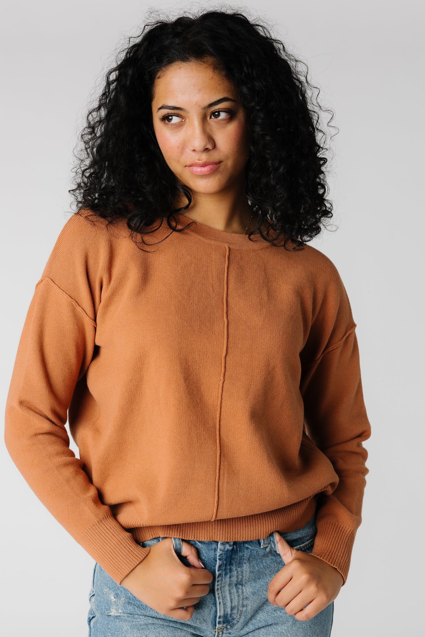 Caramel color long sleeve sweater with crew neckline