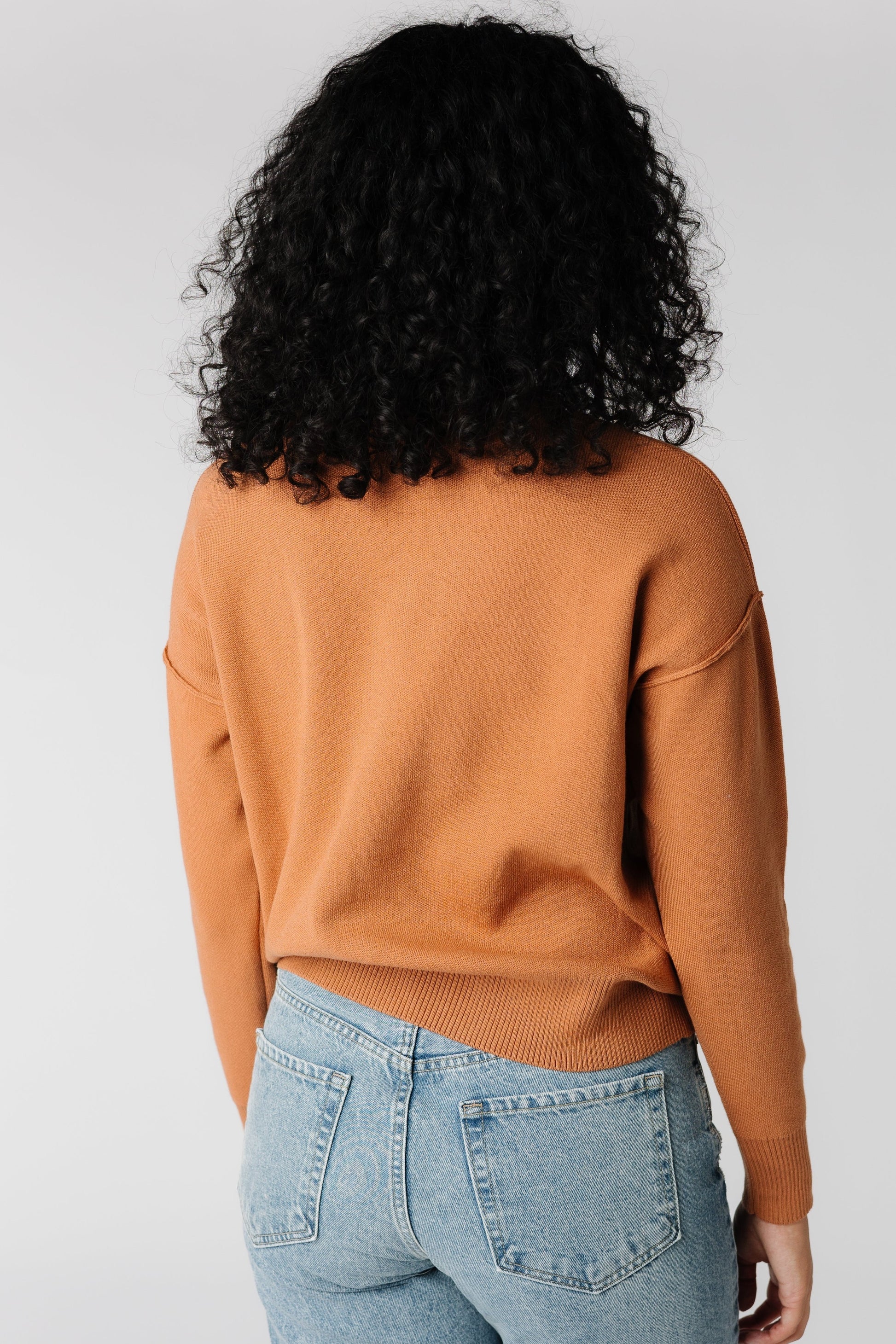 Back view of long sleeve caramal sweater