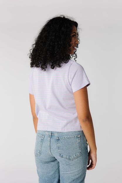 Back view of purple stripe short sleeve tee