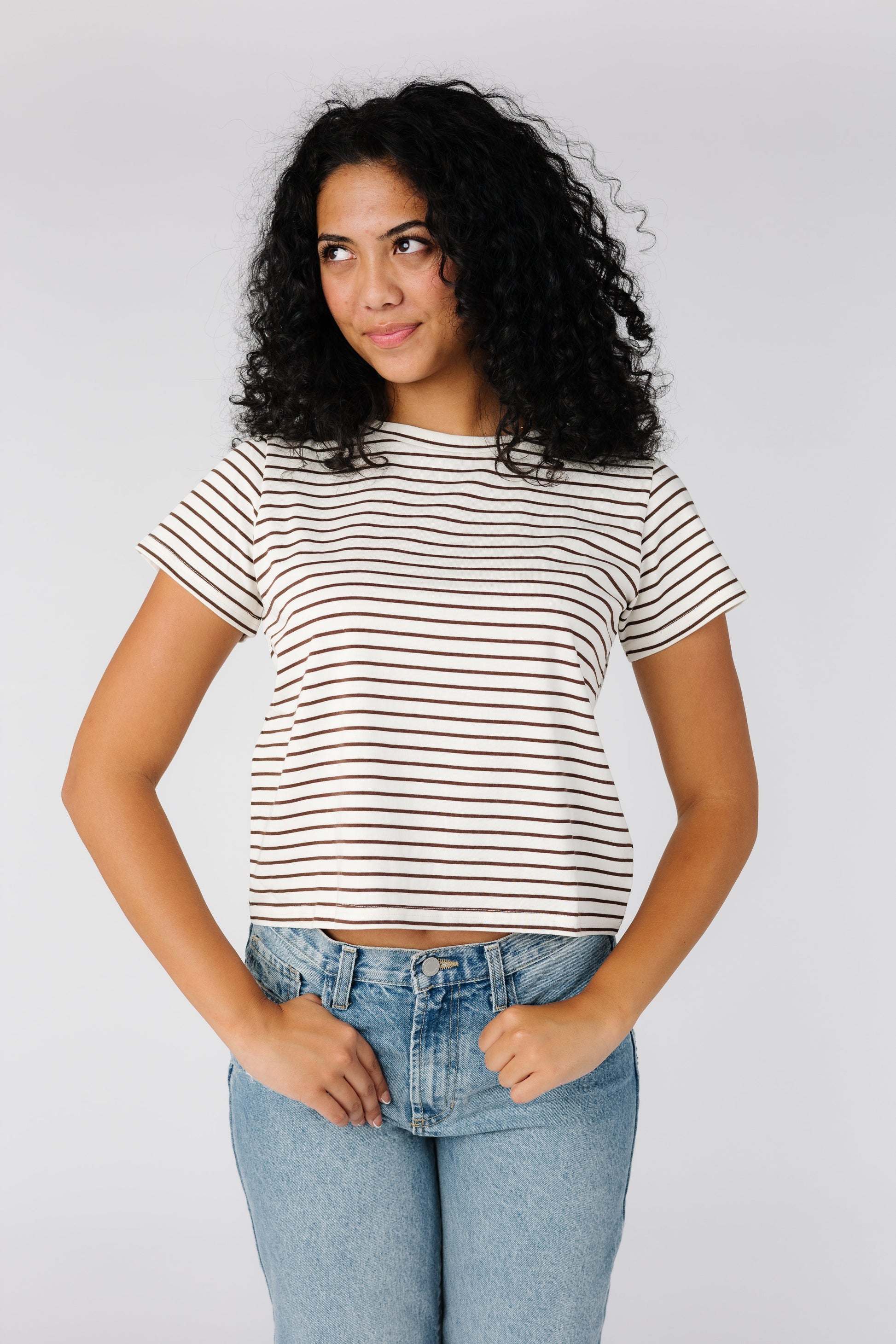 Modest short sleeve tee with brown stripes