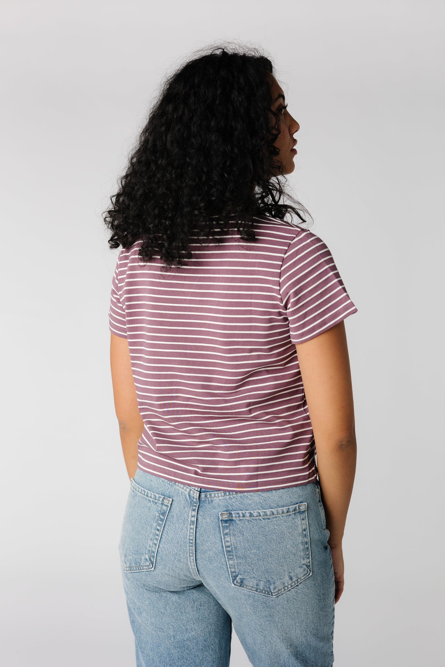 Back view of plum stripe tee