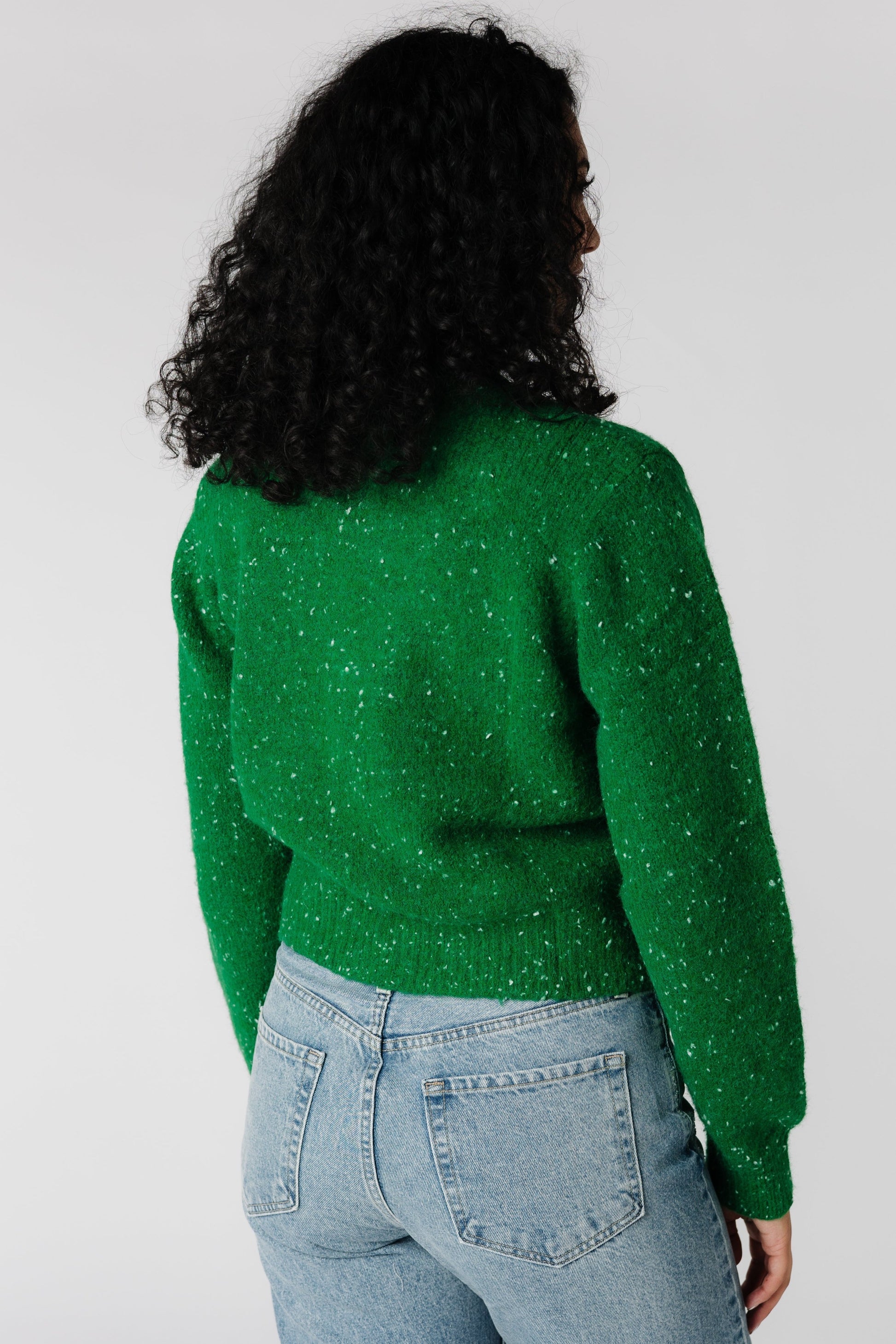 Back view of green long sleeve cardigan