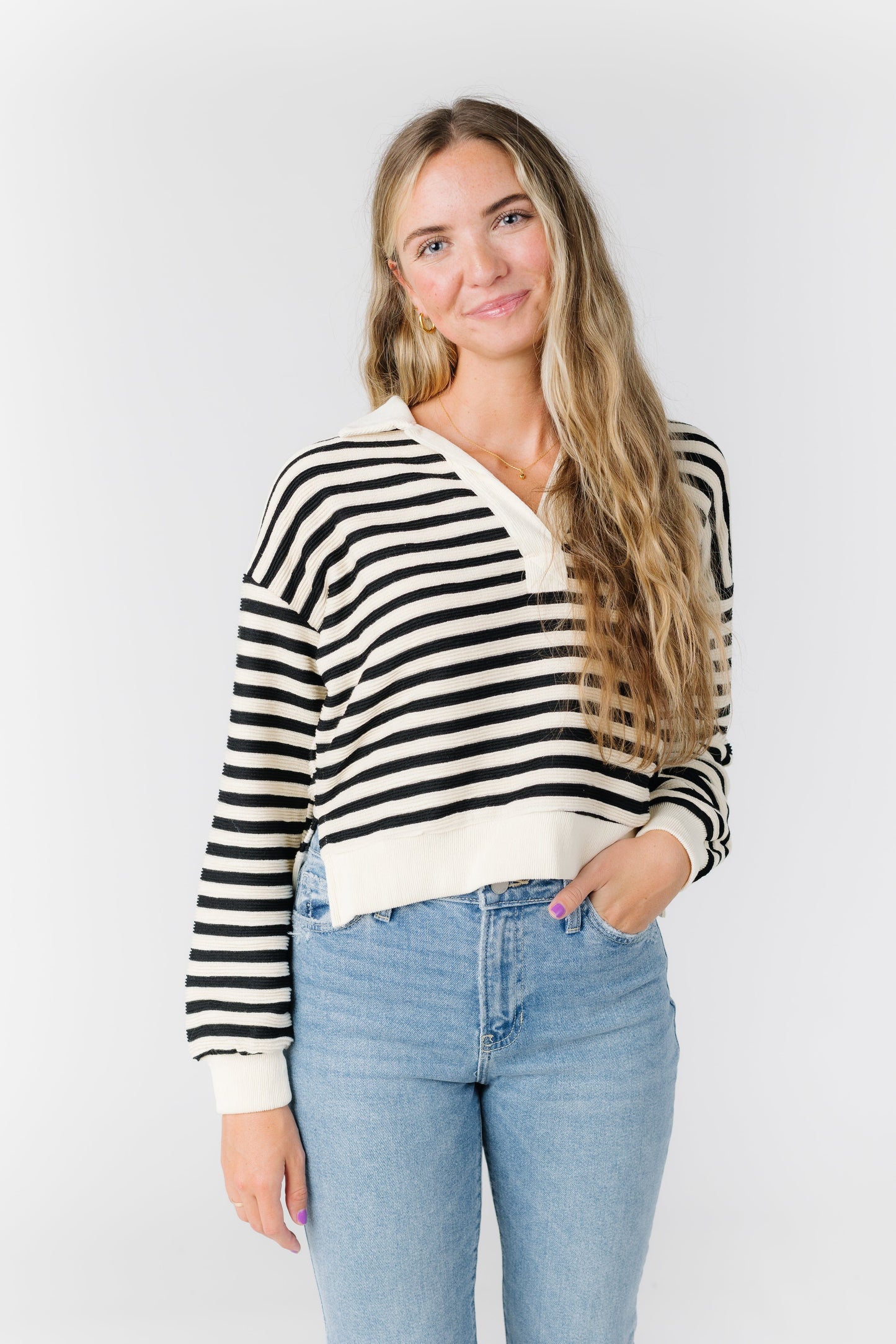 Stripe Collared Sweater WOMEN'S SWEATERS Blu Pepper Black L 