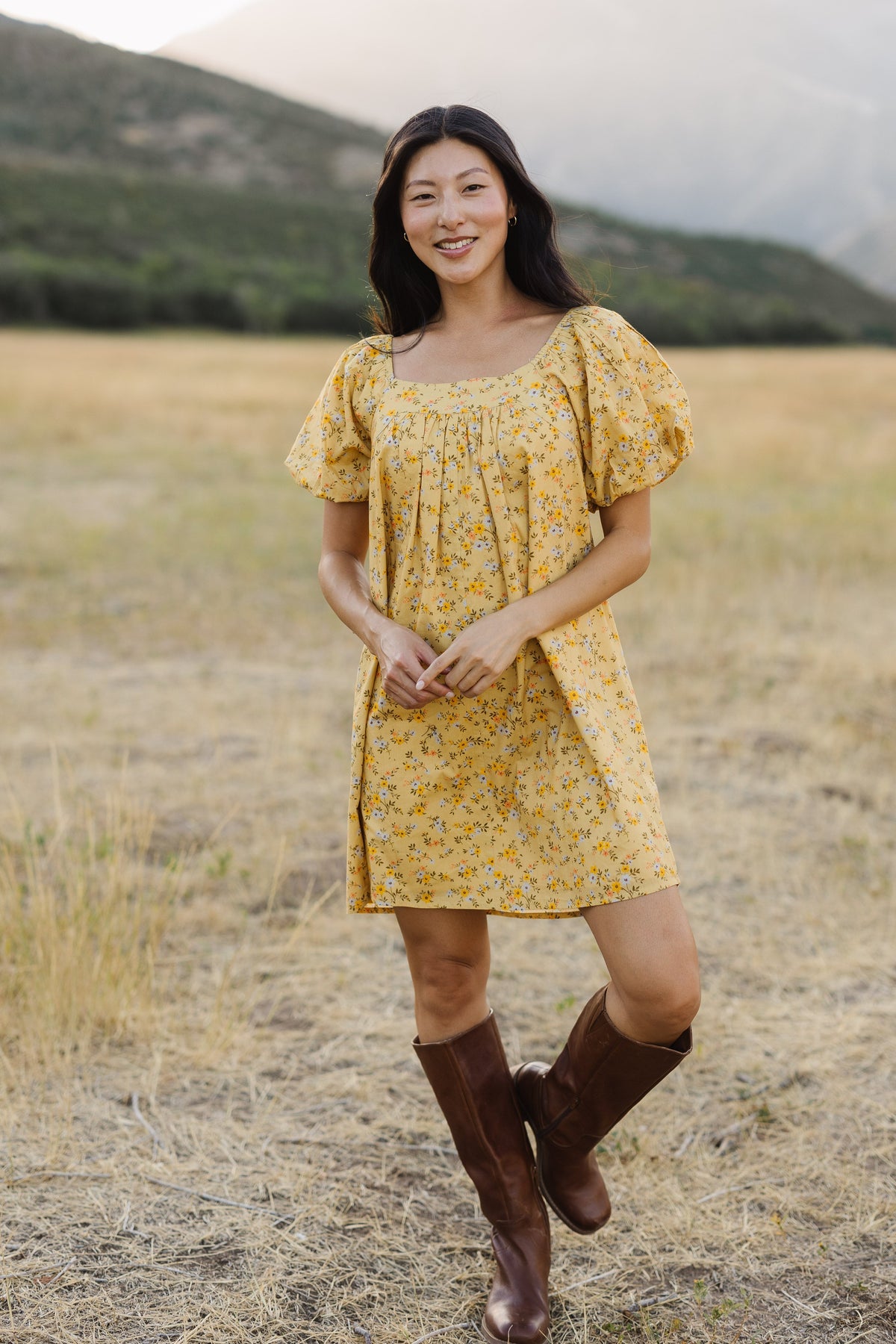 Citrus Melanie Square Neck Dress in yellow floral pring for women and teen girls.