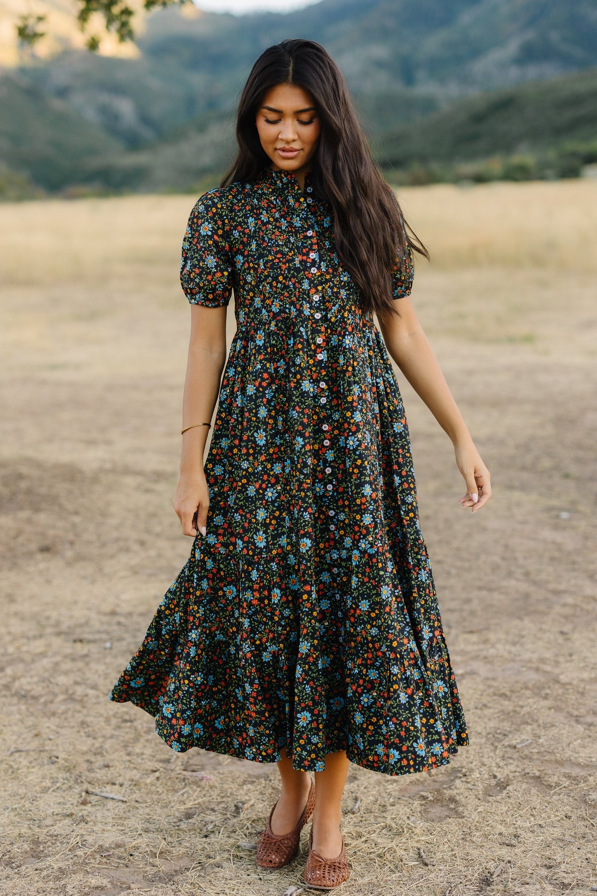 Citrus Flower Fields Dress in black floral mulit color print for women and teen girls.