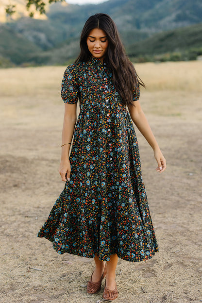 Citrus Flower Fields Dress in black floral mulit color print for women and teen girls.