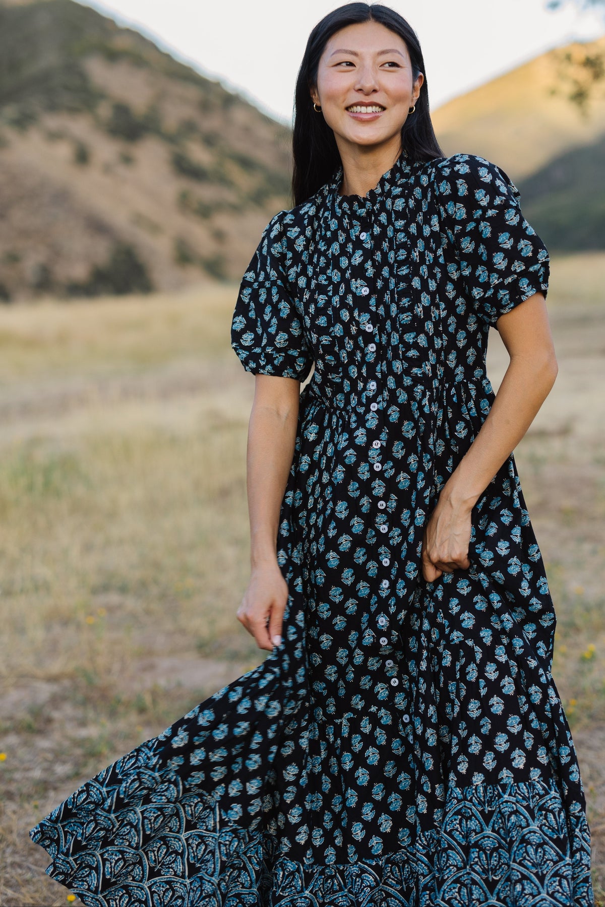 Citrus Flower Fields Dress in navy & blue floral print for women and teen girls.
