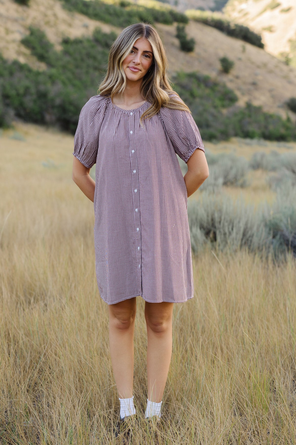 Citrus Gigi Knee Dress in burgundy gingham for women and teen girls.