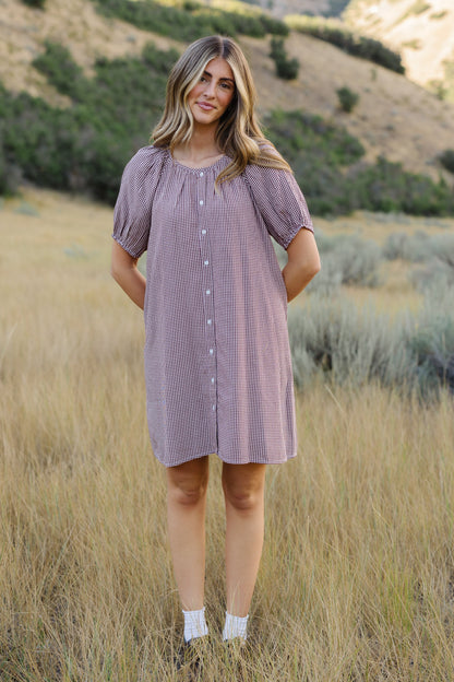 Citrus Gigi Knee Dress in burgundy gingham for women and teen girls.