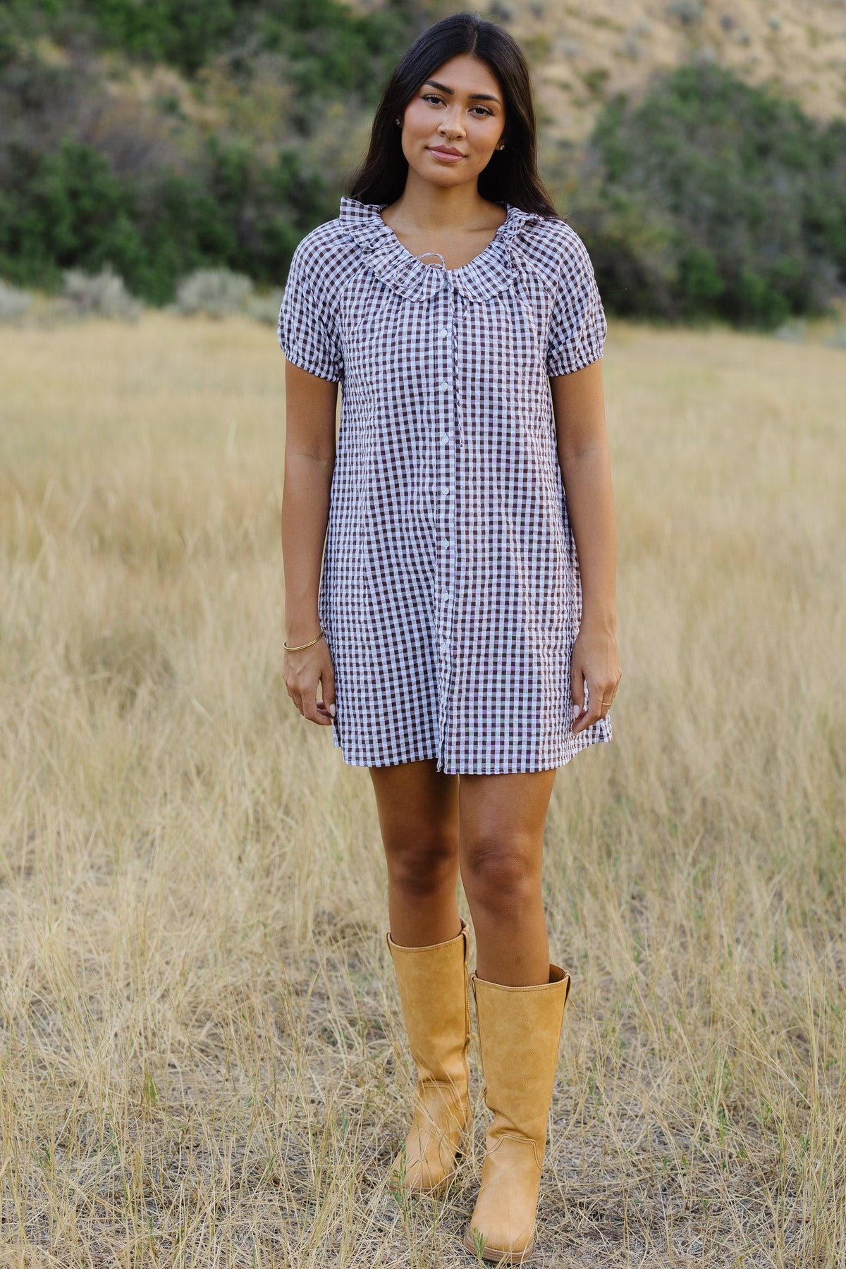 Woman wearing a  short brown gingham dress that buttons down the front with a ruffled collar and puff sleeves.