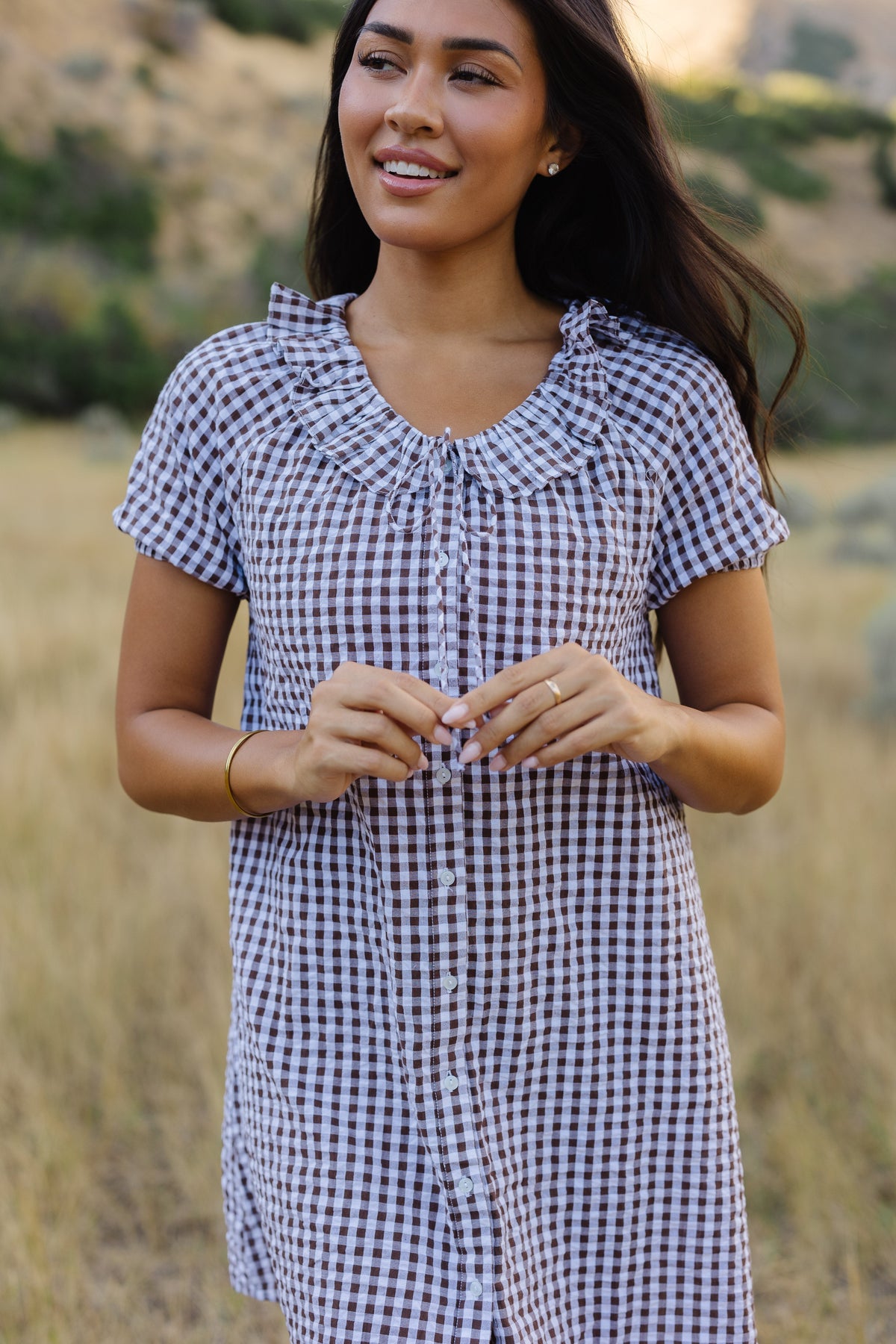 Citrus Collar Dress in brown & white gingham for women and teen girls.