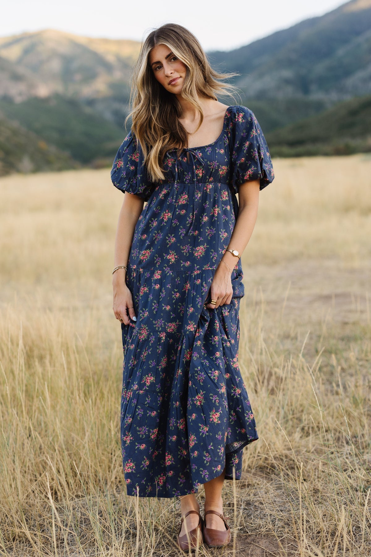 Citrus Lyon Tier Dress in navy floral print for women and teen girls.