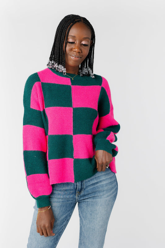All Checked Out Sweater - Green & Hot Pink WOMEN'S SWEATERS &merci H Green Hot Pink L 