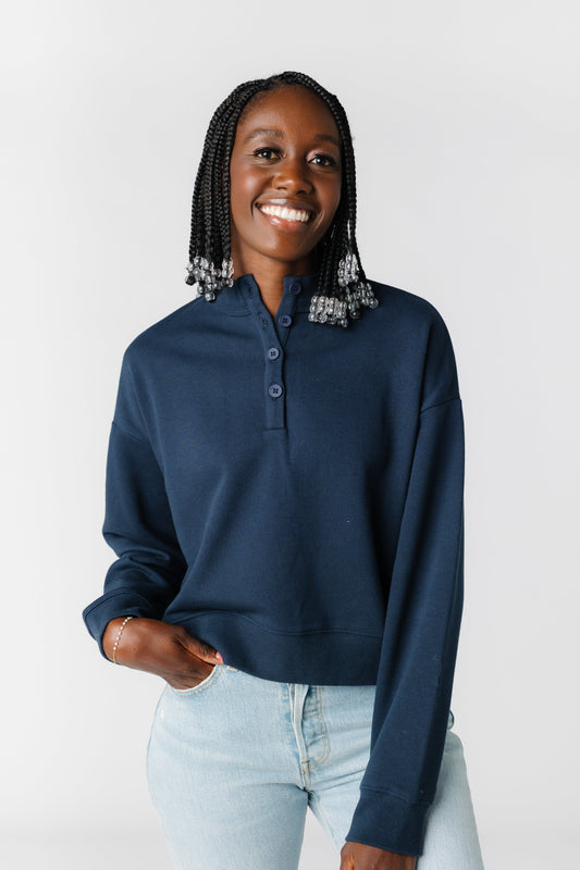 Henry Button Sweatshirt WOMEN'S SWEATSHIRT Things Between Navy L 