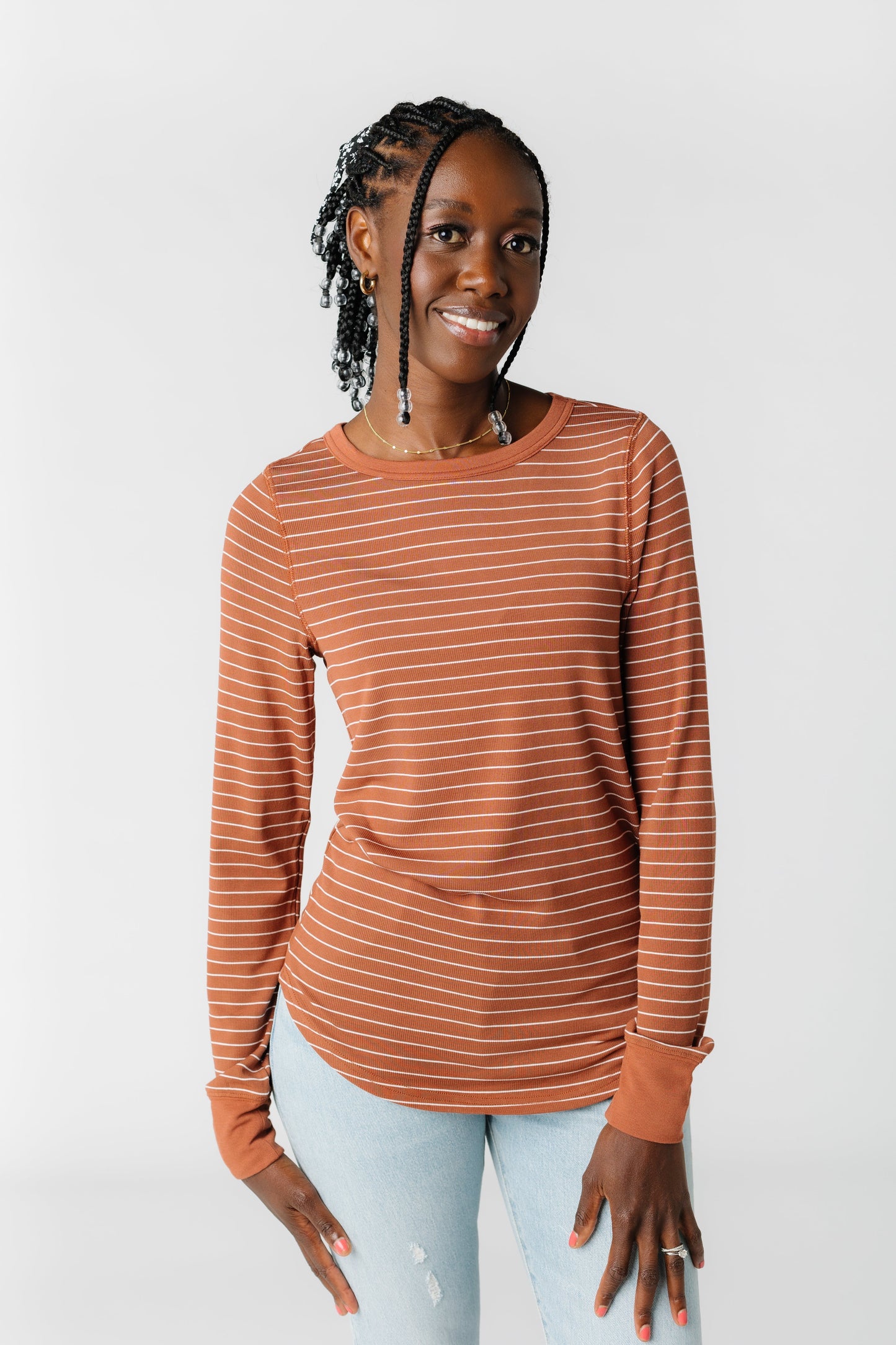 Stacy Top - Rustic Brown Women's Long Sleeve T Thread & Supply Rustic Brown Stripe L 