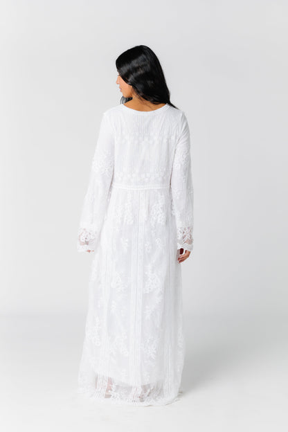 Back view of long sleeve lace maxi dress