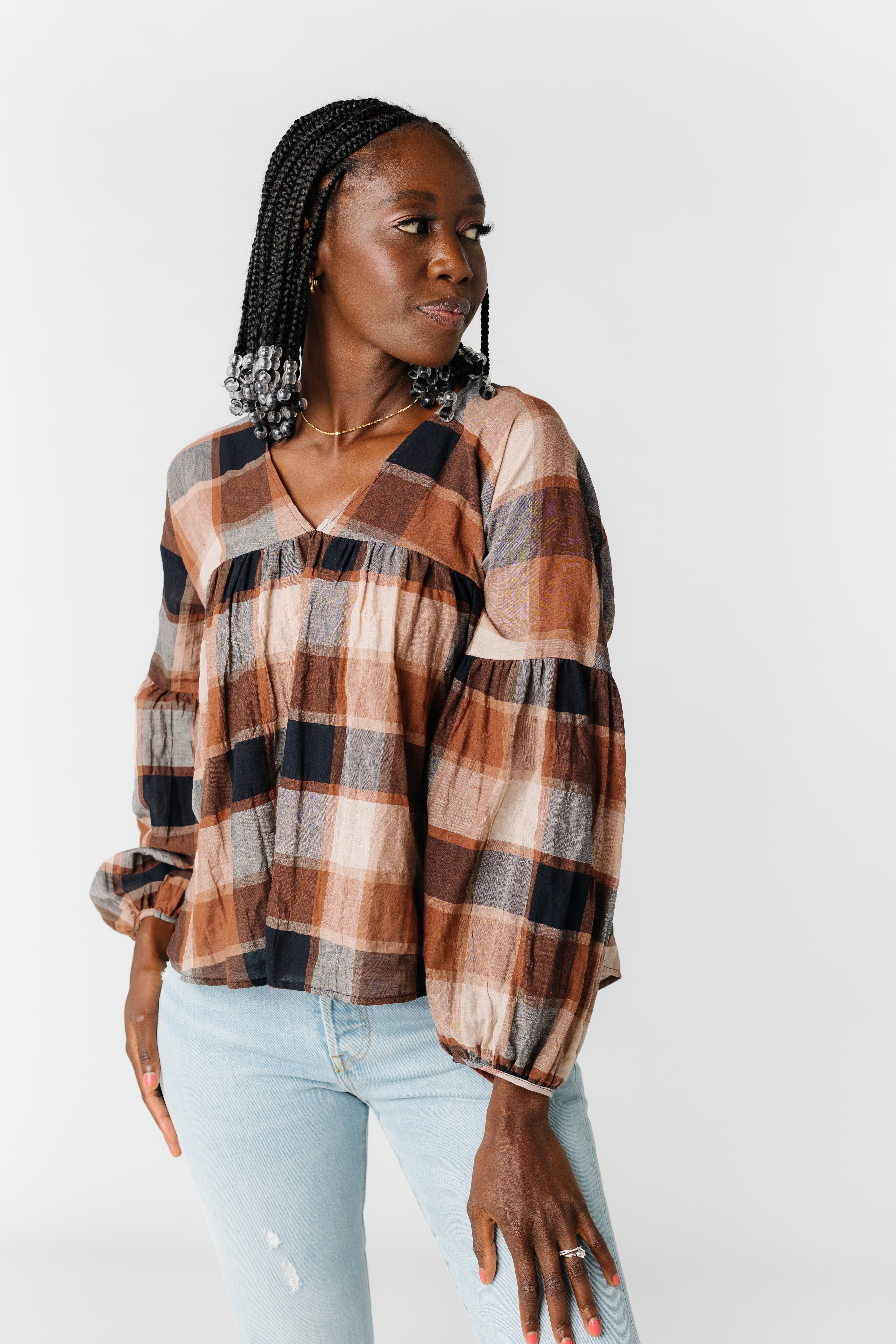 Plaid Balloon Sleeve Blouse – Called to Surf