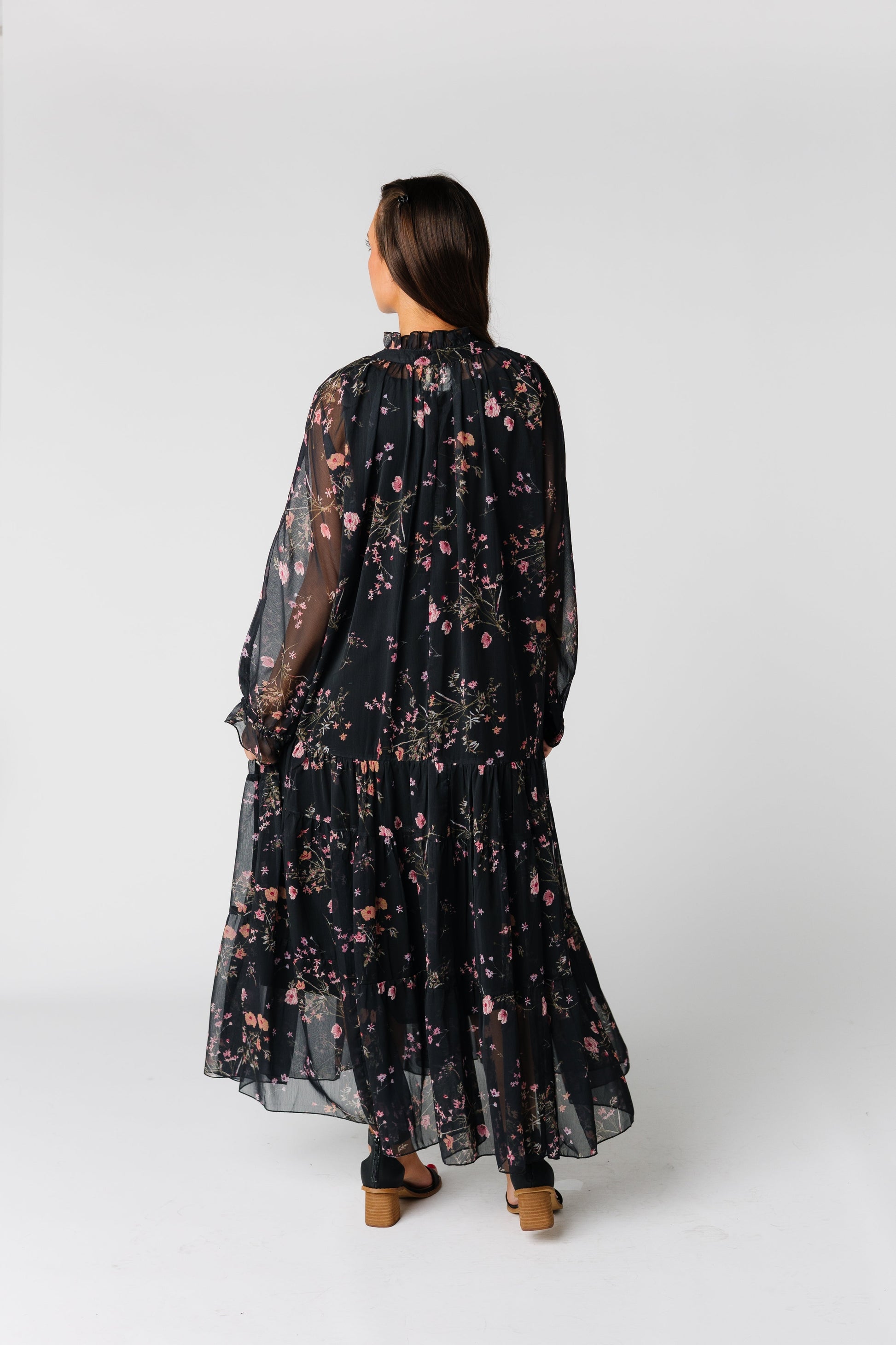 Back view of modest black chiffon dress