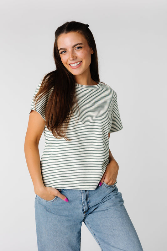 Brass and Roe modest white top with green stripes