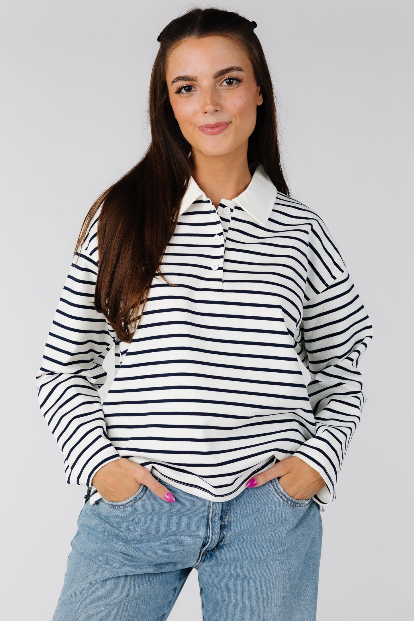 Modest long sleeve black and white stripe loose fitting top with pointed collar