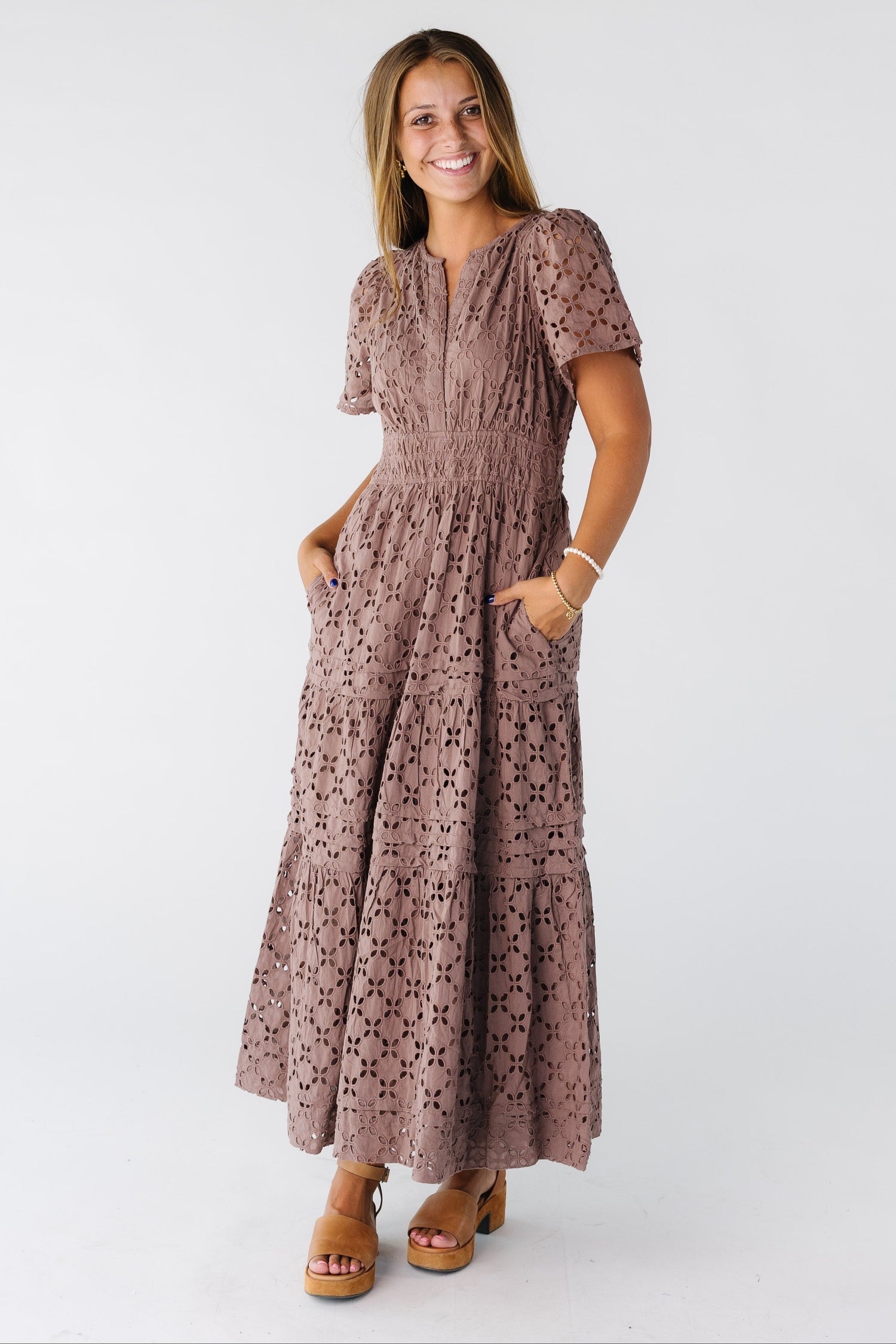 Citrus The Shae Eyelet Dress for women and teens in light brown mauve