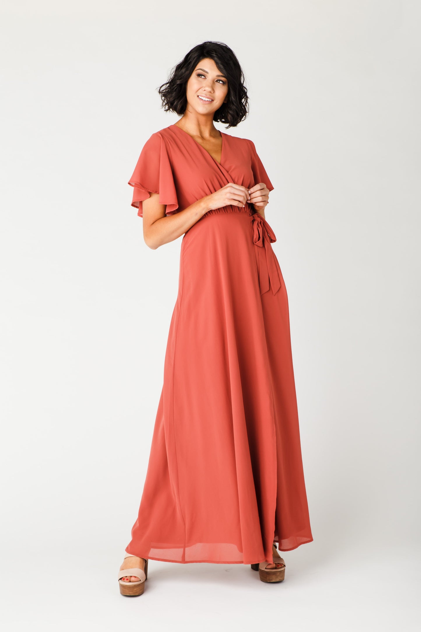 Naples Flutter Sleeve Wrap Maxi - Clay Red Bridesmaid Dress brass & roe 