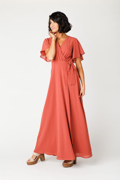 Modest bridesmaid maxi in rust clay