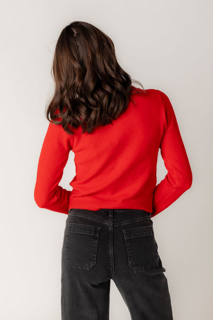 Back view of red cardigan