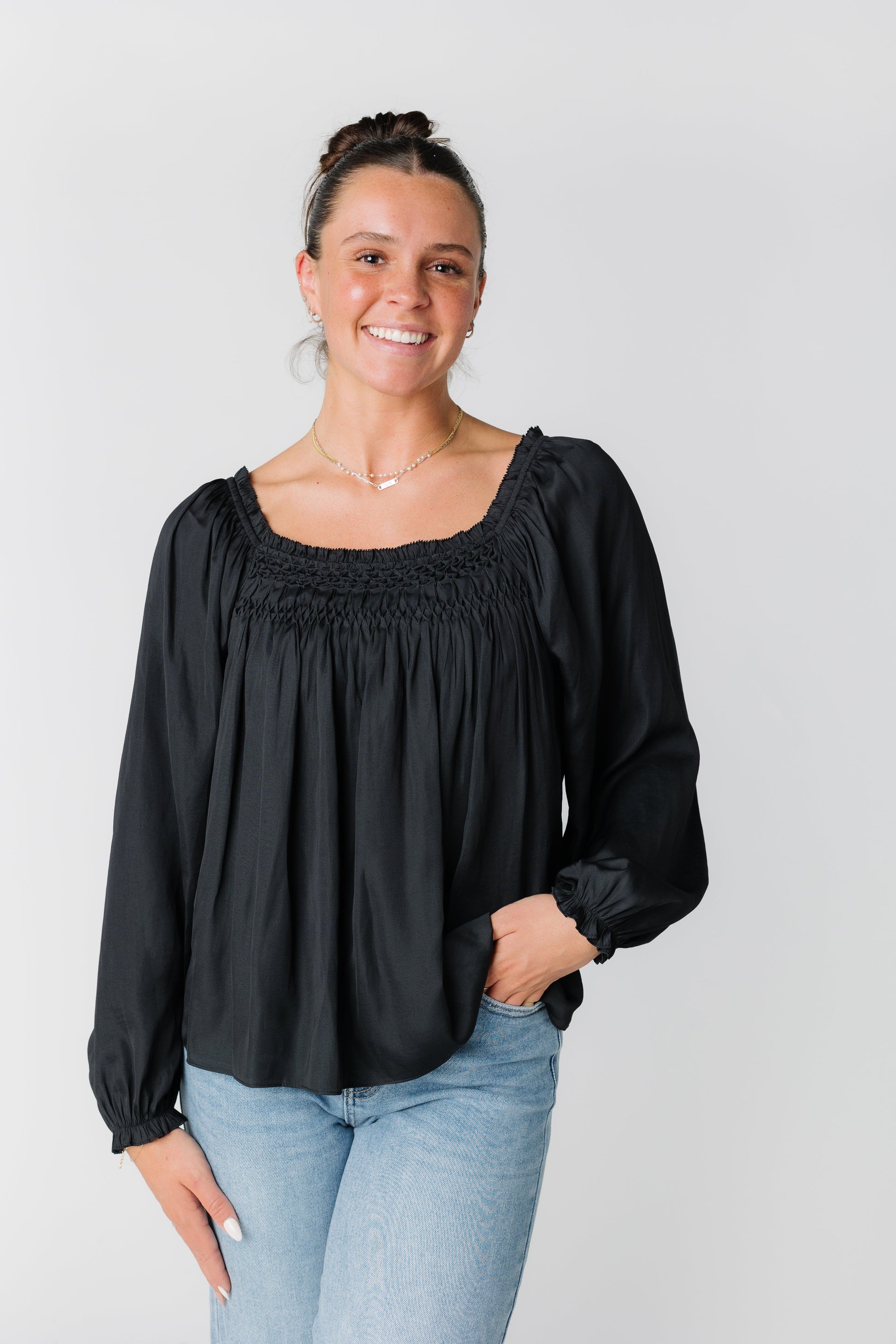 Our Day Smocked Satin Top WOMEN'S TOP Grade & Gather Black L 