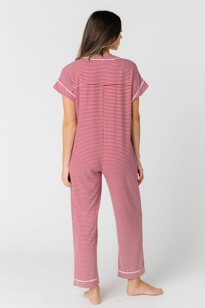 Back view of red stripe pajama with short sleeves