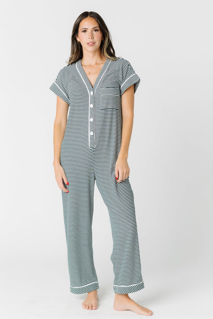 Modest one piece pajama with V-neckline and front bucket placket