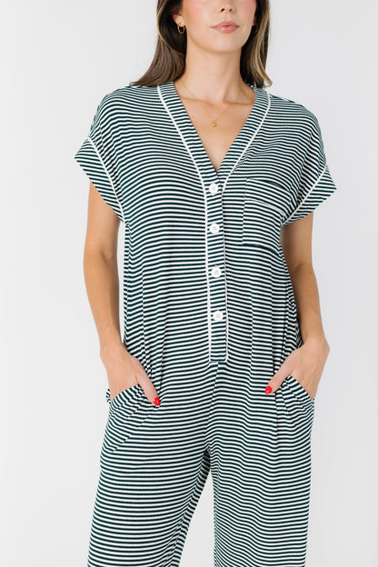 Green stripe pajama with button placket and pockets